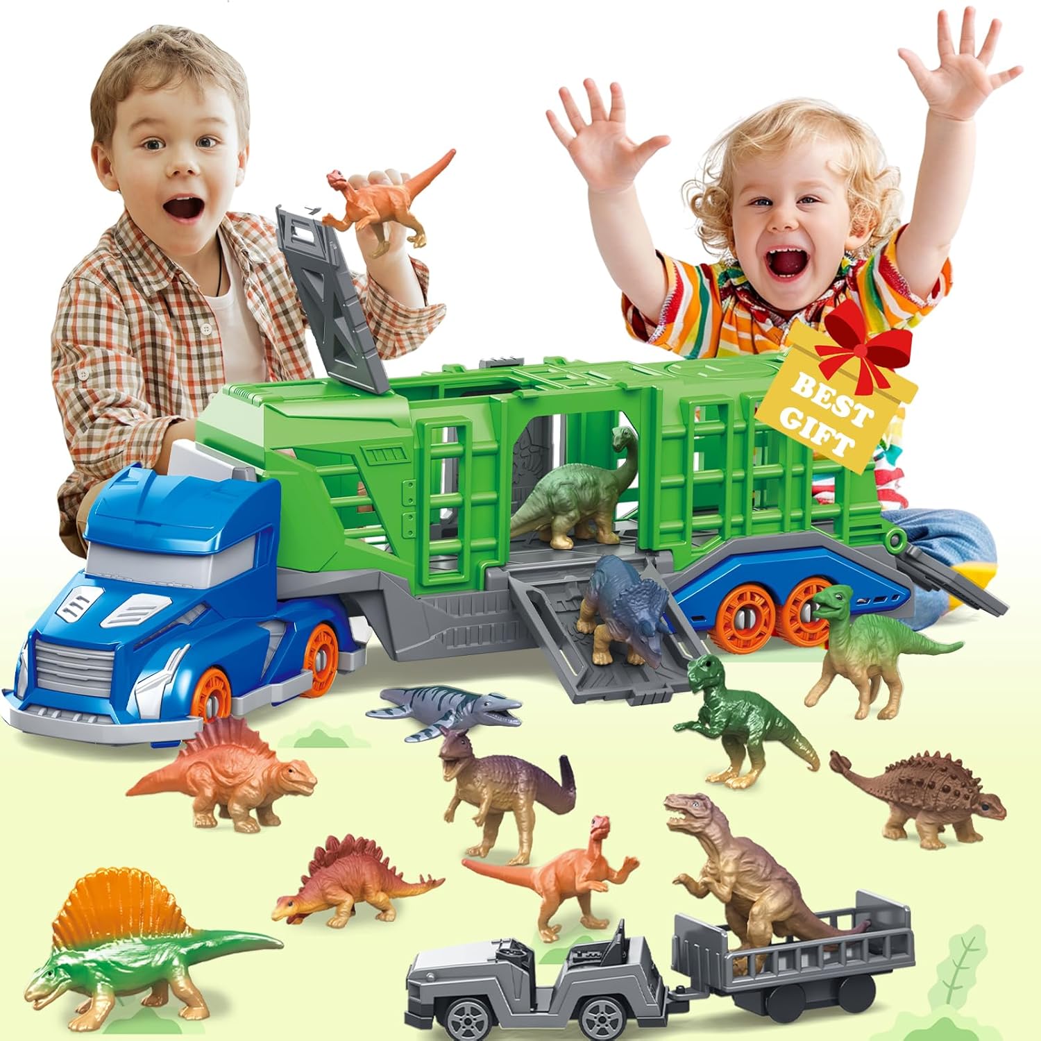 Kids Toys Under 1 Year - Dinosaurier-Transportfahrzeug-Spielzeugset enthält 1 Transportfahrzeug, 12 Dinosaurier