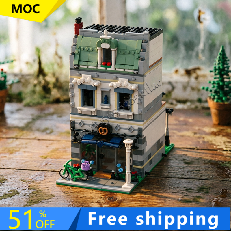 Kids Toys Blocks - 1268-teiliger MOC Stadtansicht Modulares Dreistöckiges Bäckerei-Baustein-Set