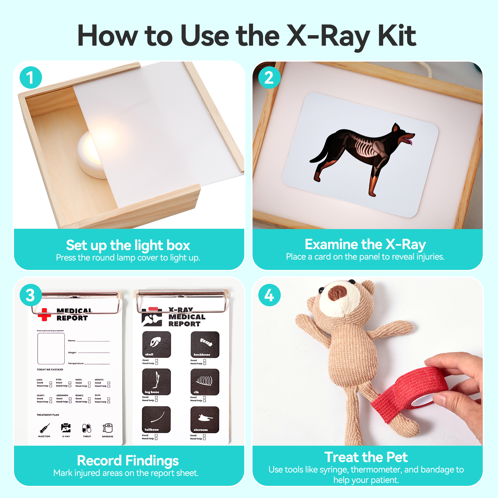 Kids Xray Toys - 14-teiliges simuliertes medizinisches Spielzeugset, mit Holz-Röntgenlichtbox,